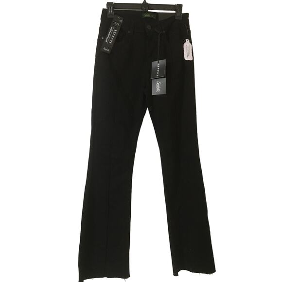 NWT Solotu High Rise Flare Black Jeans Size 7/28 Raw Hem, Seam Down The Middle - Picture 1 of 7